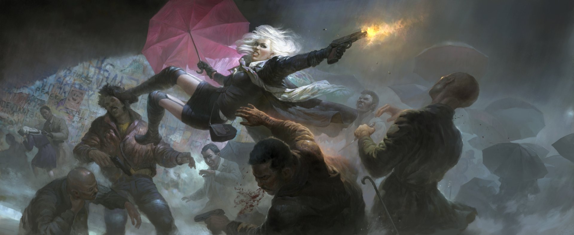 A white-haired woman warrior fights in the rain, firing a gun while holding a red umbrella, depicted in a dynamic scene from the movie Atomic Blonde in 4K Ultra HD quality.
