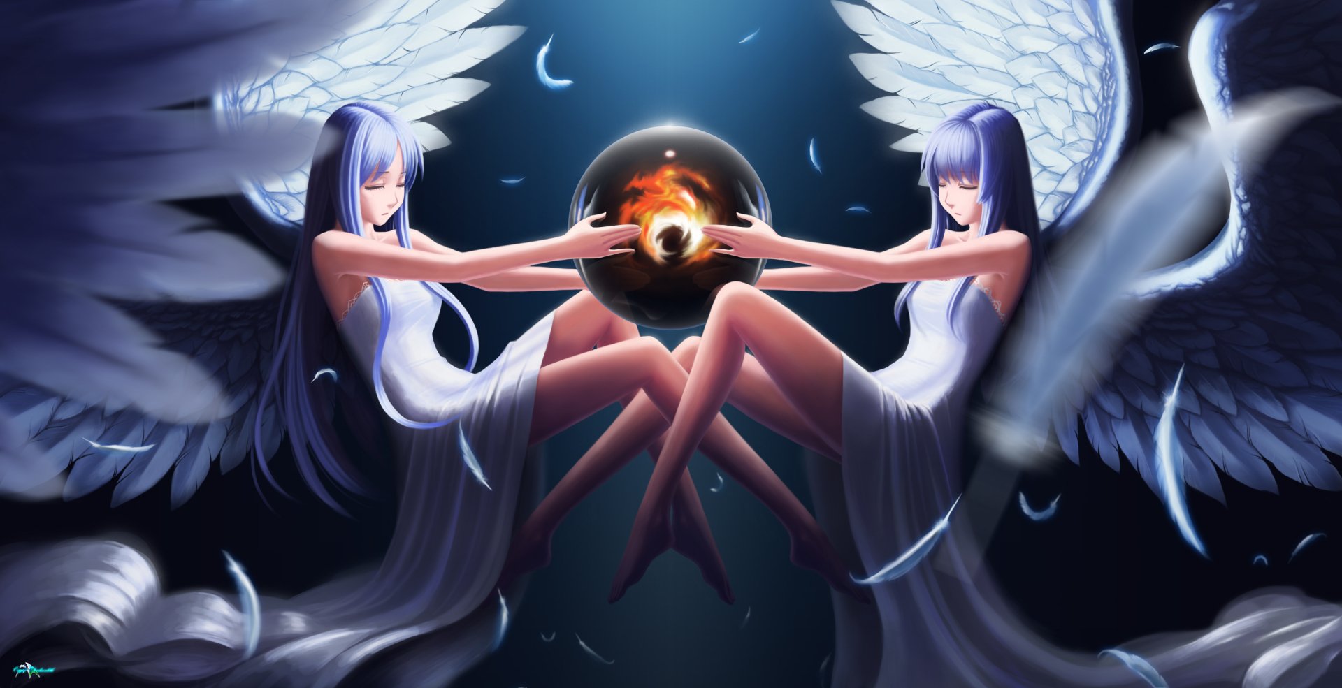 HD PC desktop wallpaper featuring twin winged goddesses from the video game Ys: Ancient Ys Vanished, holding a glowing orb under a crescent moon.
