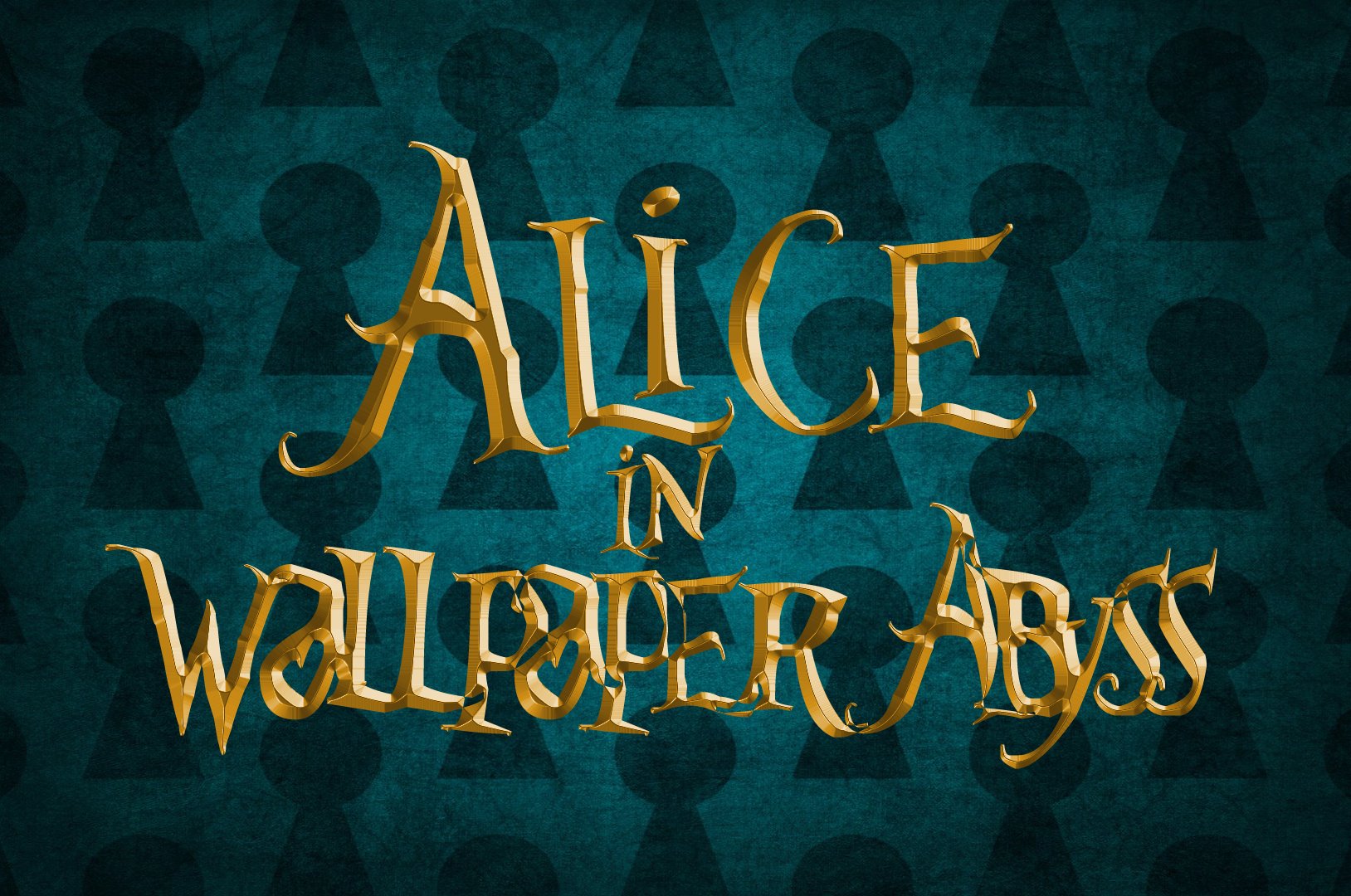Artistic HD PC desktop wallpaper featuring golden, whimsical text Alice in Wallpaper Abyss on a dark background with keyhole patterns, blending devoted and funny vibes.