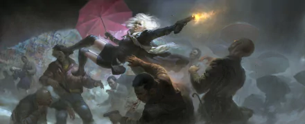 A white-haired woman warrior fights in the rain, firing a gun while holding a red umbrella, depicted in a dynamic scene from the movie Atomic Blonde in 4K Ultra HD quality.