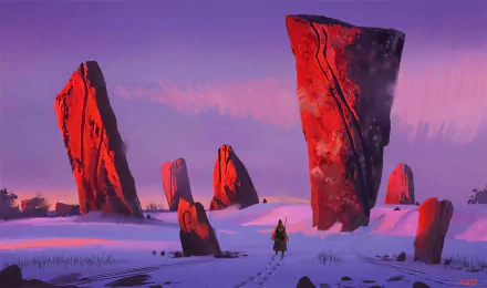 A lone fantasy warrior stands among towering red stone monoliths in a snowy landscape under a vivid purple sky, captured in an HD PC desktop wallpaper style.
