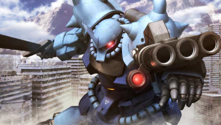 HD desktop wallpaper featuring an intense scene from Mobile Suit Gundam Thunderbolt with a blue mech aiming its weapon over a cityscape under a cloudy sky.