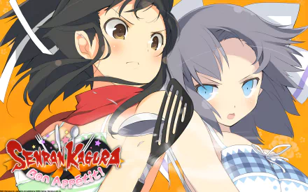 HD PC desktop wallpaper featuring two characters from the video game Senran Kagura Bon Appétit! in a vibrant, stylized anime art style.