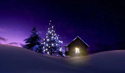 A serene HD desktop wallpaper featuring a snowy winter night with a warmly lit cabin and a glowing Christmas tree, surrounded by snow-covered hills.