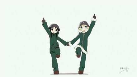 HD desktop wallpaper featuring Chito and Yuuri from Girls' Last Tour (Shoujo Shuumatsu Ryokou). The characters are holding hands and pointing upwards, wearing green winter attire against a plain background.