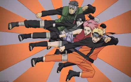 HD desktop wallpaper featuring Naruto Uzumaki, Sakura Haruno, Sai, and Yamato from the anime Naruto, dynamically posed against an orange and grey background.