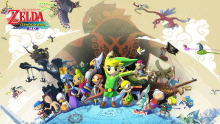 4K Ultra HD wallpaper featuring Link, Princess Zelda, Ganondorf, and various characters from The Legend of Zelda: The Wind Waker HD in a vibrant video game scene.