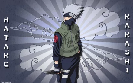 HD desktop wallpaper featuring Kakashi Hatake from Naruto in his ninja attire, with his name written on the sides. A striking background with swirling cloud designs accentuates the character.