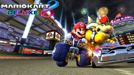 Mario and Bowser race head-to-head in Mario Kart 8 Deluxe, set against a vibrant stadium backdrop with fireworks. HD desktop wallpaper.