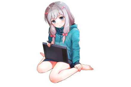 Sagiri Izumi from EroManga-Sensei sitting barefoot on the floor, holding a drawing tablet, featured in an HD anime desktop wallpaper.