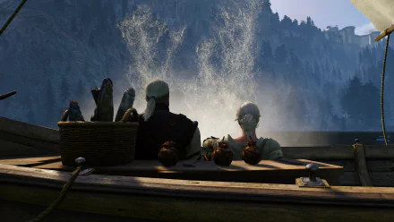 Ciri and Geralt of Rivia from The Witcher 3: Wild Hunt sit in a boat with birds, framed by misty forest scenery in this HD PC desktop wallpaper from the video game.
