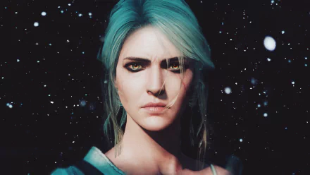 HD desktop wallpaper of Ciri from the video game The Witcher 3: Wild Hunt, featuring her intense gaze against a dark, snow-filled background.