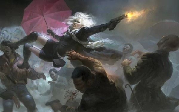 A white-haired woman warrior fights in the rain, firing a gun while holding a red umbrella, depicted in a dynamic scene from the movie Atomic Blonde in 4K Ultra HD quality.