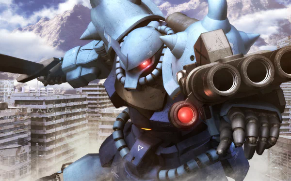 HD desktop wallpaper featuring an intense scene from Mobile Suit Gundam Thunderbolt with a blue mech aiming its weapon over a cityscape under a cloudy sky.