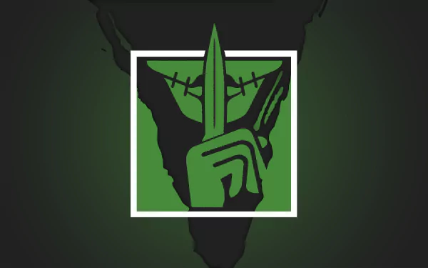 Minimalist 8K Ultra HD wallpaper of Caveira from Tom Clancy's Rainbow Six Siege Operation Skull Rain, featuring a green knife icon over a dark background.