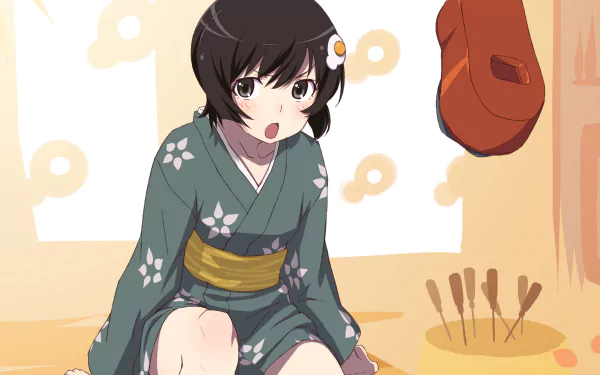 HD PC desktop wallpaper of Tsukihi Araragi from the Monogatari anime series: girl in a green floral kimono with yellow obi, surprised expression, seated against a warm, minimalist background.