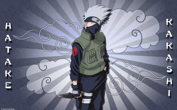HD desktop wallpaper featuring Kakashi Hatake from Naruto in his ninja attire, with his name written on the sides. A striking background with swirling cloud designs accentuates the character.