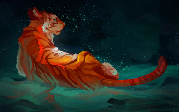 A fantasy-themed HD wallpaper featuring a majestic tiger with vibrant, glowing hues, lying against a mystical, dark background.