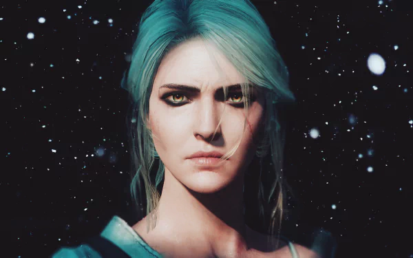 HD desktop wallpaper of Ciri from the video game The Witcher 3: Wild Hunt, featuring her intense gaze against a dark, snow-filled background.