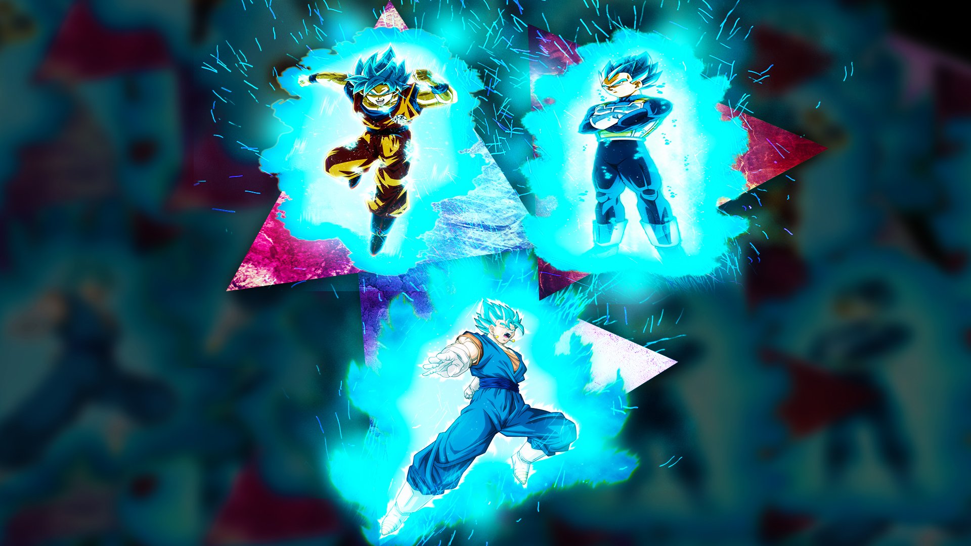 HD PC desktop wallpaper featuring Goku and Vegeta from Dragon Ball Super, glowing with blue energy in dynamic anime-style action poses.