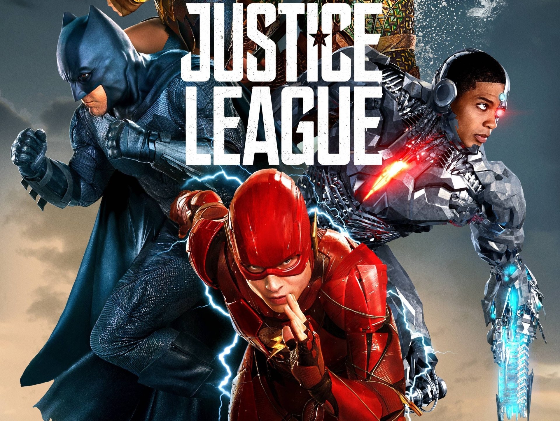 HD desktop wallpaper featuring Batman (Ben Affleck), Flash (Ezra Miller), and Cyborg (Ray Fisher) from the Justice League movie in dynamic action poses.