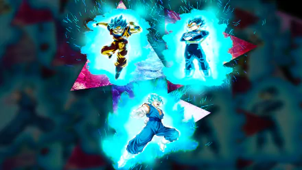 HD PC desktop wallpaper featuring Goku and Vegeta from Dragon Ball Super, glowing with blue energy in dynamic anime-style action poses.