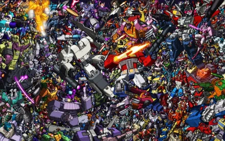 A vibrant comic-style depiction of numerous Transformers characters engaging in battle, created as a high-definition desktop wallpaper and background.
