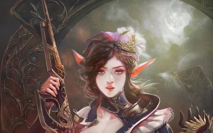 HD fantasy warrior elf with blue eyes and pointed ears, holding a detailed gun against a mystical, moonlit background.