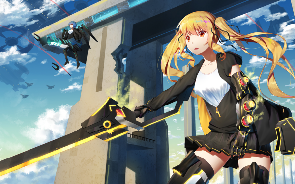 Anime Original Blonde Weapon Machine Sword Flying Twintails HD Wallpaper | Background Image