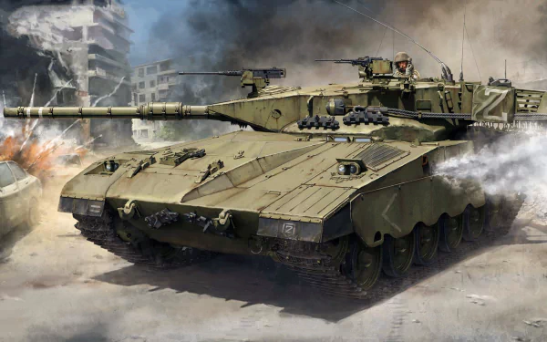 HD desktop wallpaper showing a Merkava tank advancing amid an urban explosion with smoke and debris, capturing intense military action.