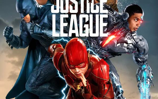HD desktop wallpaper featuring Batman (Ben Affleck), Flash (Ezra Miller), and Cyborg (Ray Fisher) from the Justice League movie in dynamic action poses.