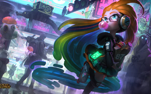 HD desktop wallpaper of Zoe from the video game League of Legends. She is blowing a bubblegum and wearing headphones, set against a vibrant, futuristic background.