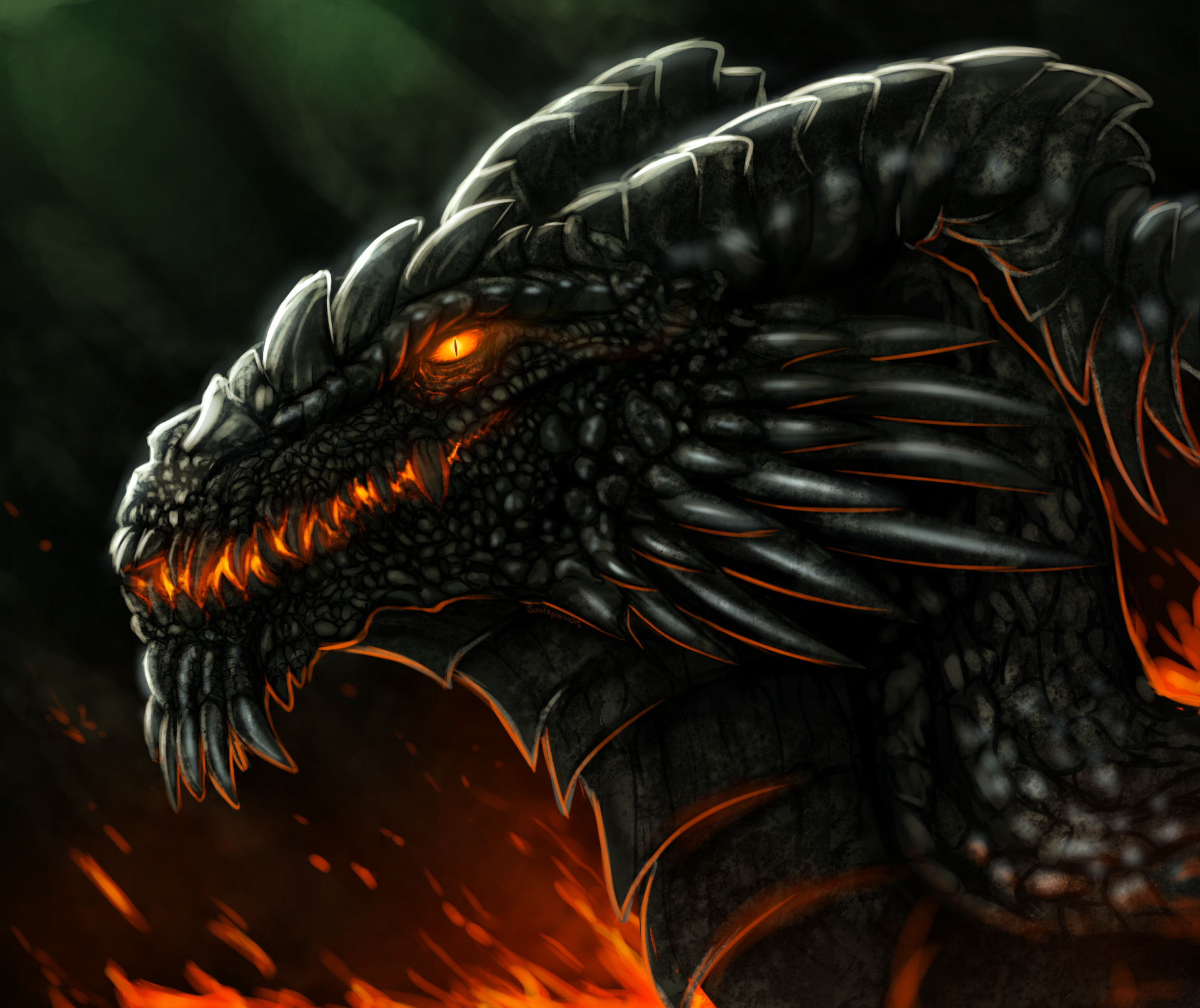HD fantasy desktop wallpaper featuring a fierce fire dragon with glowing orange eyes and fiery accents against a dark background.