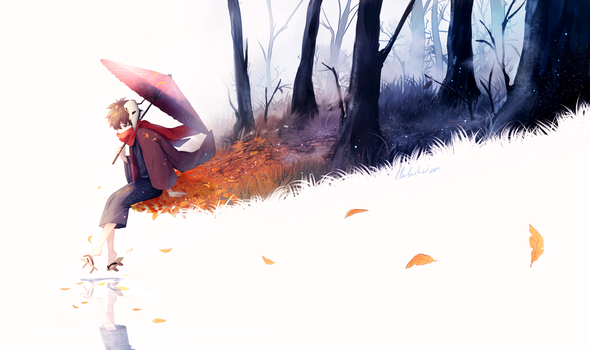 Anime-style wallpaper of a person holding an umbrella, sitting on autumn leaves by a tree-lined path. The scene transitions from autumn to winter, blending vibrant and serene elements.