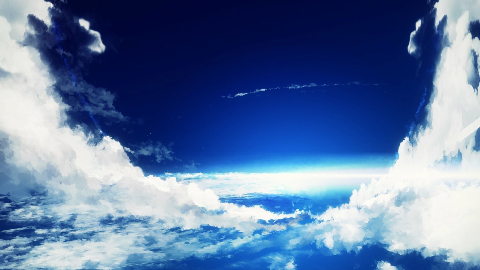 HD desktop wallpaper featuring an original anime-style sky view with serene blue tones and scattered white clouds.