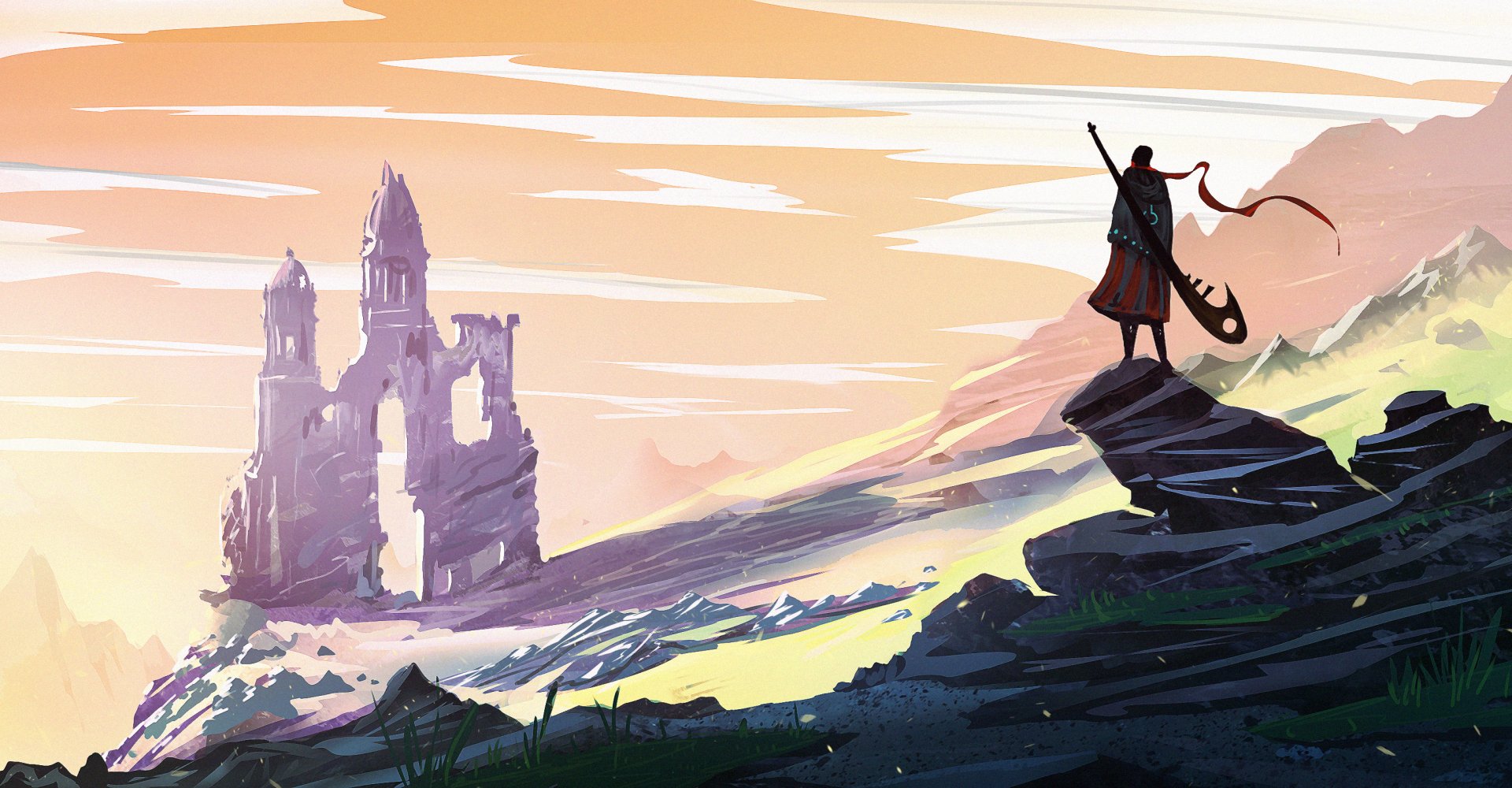 A fantasy warrior stands on a rocky hill overlooking ancient ruins in a vast, colorful fantasy landscape, captured in an HD desktop wallpaper.