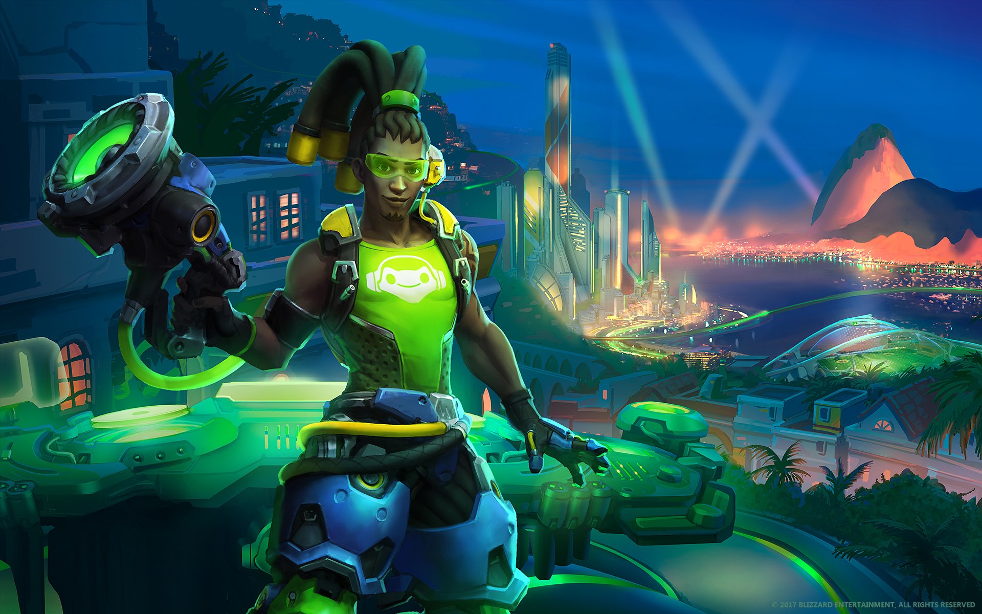 HD PC desktop wallpaper featuring Lúcio from Overwatch in vibrant green and blue tones, set against a futuristic cityscape at night.