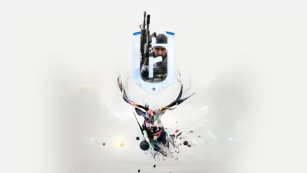 HD desktop wallpaper showcasing an artistic blend of a soldier silhouette from Tom Clancy's Rainbow Six: Siege, with a dynamic and colorful abstract background.