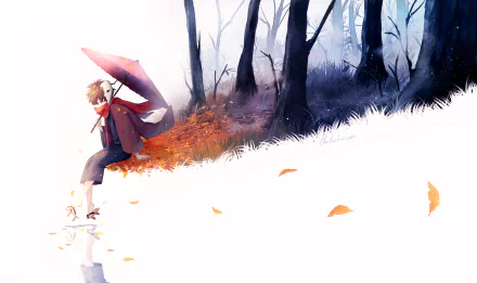 Anime-style wallpaper of a person holding an umbrella, sitting on autumn leaves by a tree-lined path. The scene transitions from autumn to winter, blending vibrant and serene elements.