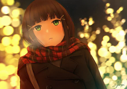 HD desktop wallpaper of Dia Kurosawa (Love Live! Sunshine!!): anime portrait in a red plaid scarf and dark coat, softly lit by warm golden bokeh lights.
