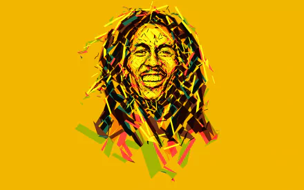HD desktop wallpaper featuring a vibrant, abstract portrait of Jamaican singer Bob Marley, smiling against a yellow background. The artwork is filled with lively colors, reflecting his musical legacy.