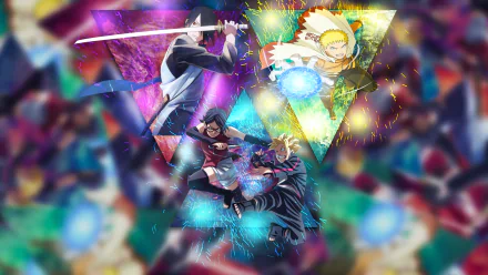 HD PC desktop wallpaper featuring dynamic anime action scenes with Boruto Uzumaki and Naruto in vibrant, glowing triangular frames.