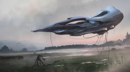 4K Ultra HD Sci-Fi desktop wallpaper featuring a sleek alien spaceship hovering over a misty landscape with a person beneath, evoking a futuristic and otherworldly atmosphere.