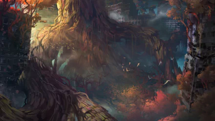 HD PC desktop wallpaper from Darksiders III featuring a massive, twisted tree in a post-apocalyptic landscape with a solitary bird perched amid ruins.