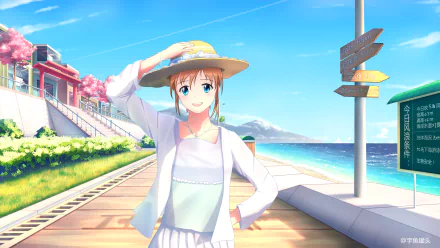 Anime girl with short hair, blue eyes, and a necklace smiles wearing a hat by the beach on a sunny day, with shrubs and colorful buildings in the background.