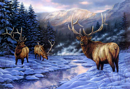 A serene HD painting of a winter forest with a snow-covered riverbank, featuring three bucks and deer. Snow-clad trees and mountains complete the scene, making it a peaceful background for desktops.