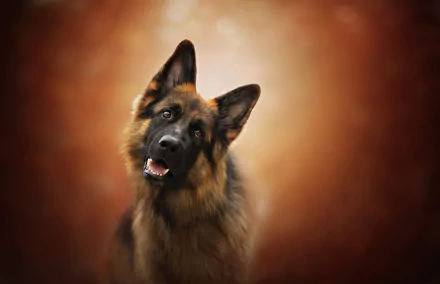 HD desktop wallpaper featuring a German Shepherd with a curious expression against a warm, blurred background.