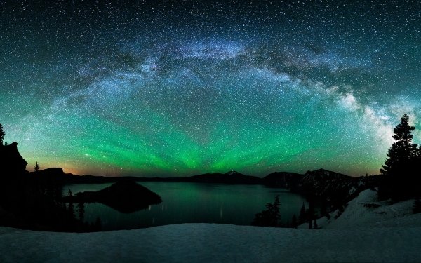 Earth Aurora Borealis Winter Sky Milky Way Starry Sky Night Lake Mountain Snow Stars HD Wallpaper | Background Image