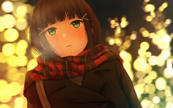 HD desktop wallpaper of Dia Kurosawa (Love Live! Sunshine!!): anime portrait in a red plaid scarf and dark coat, softly lit by warm golden bokeh lights.