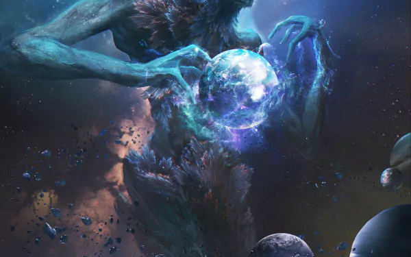 HD desktop wallpaper of a mystical sci-fi creature holding a glowing planet amidst a cosmic backdrop, crafted for space enthusiasts.